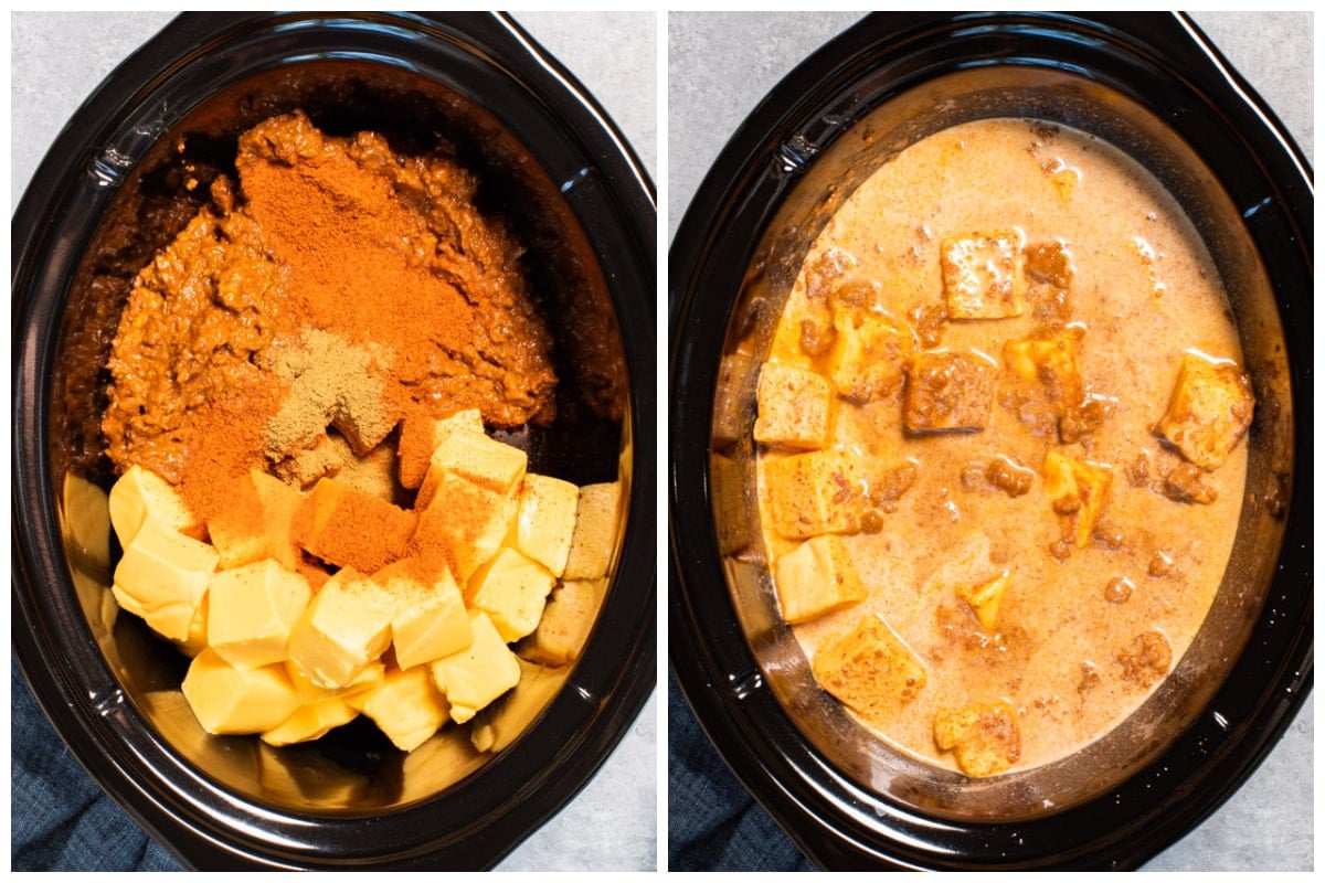 2 images of chili cheese dip before cooking