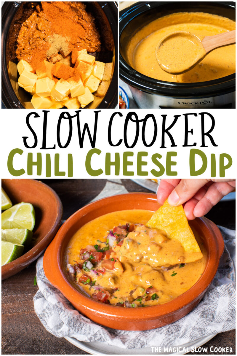 collage of chili queso dip with text overlay for pinterest