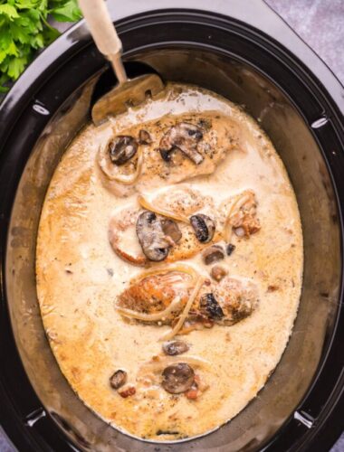 cooked chicken marsala in slow cooker.