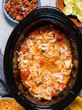 chicken tinga cooked in a slow cooker.