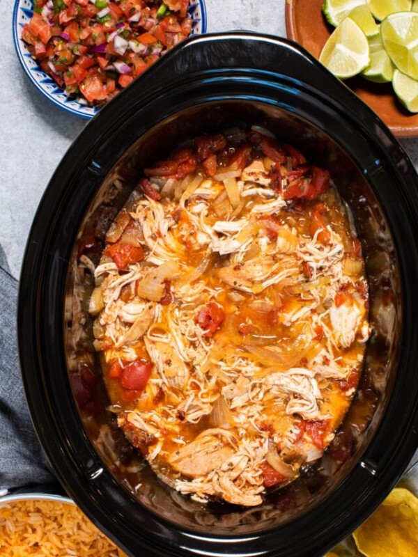 chicken tinga cooked in a slow cooker.