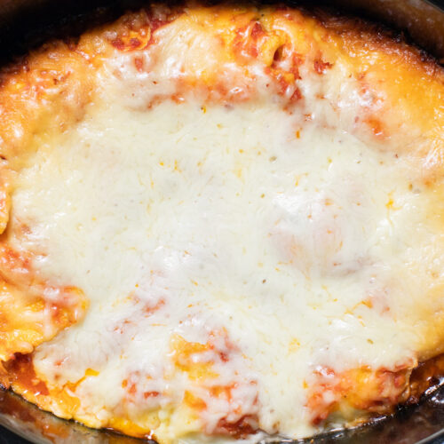 up close image of ravioli lasagna in slow cooker