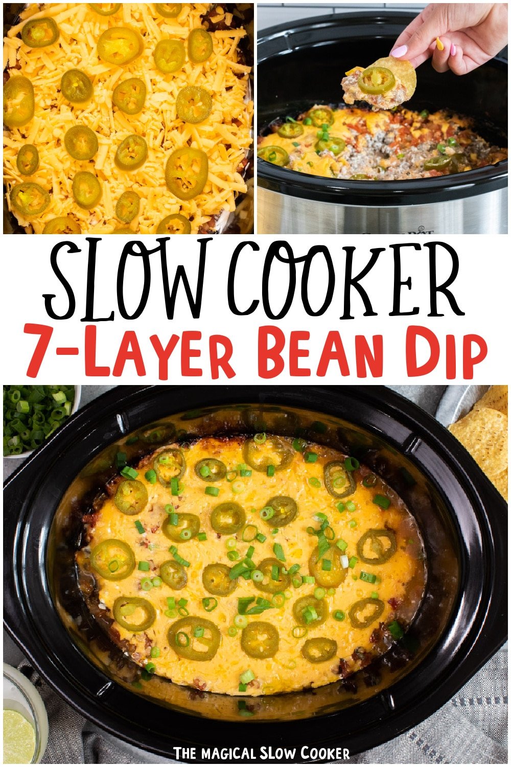 collage of 7 layer bean dip images with text overlay for pinterest