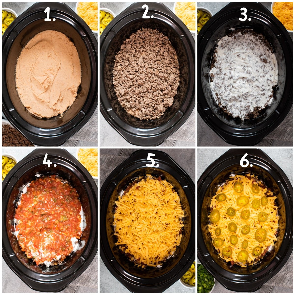 6 image collage of the first 6 layers of 7 layer bean dip