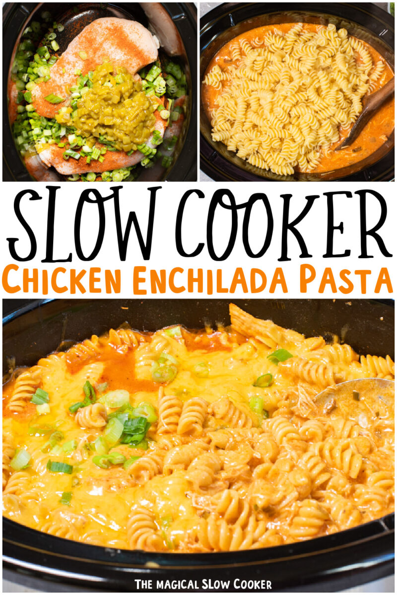 collage of enchilada pasta images with text overlay for pinterest