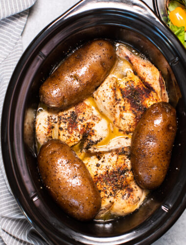 3 game hens and 3 russet potatoes, done cooking in a slow cooker