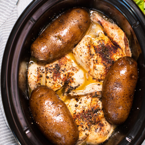 3 game hens and 3 russet potatoes, done cooking in a slow cooker