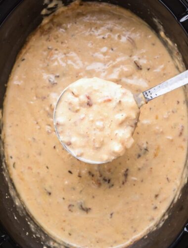 clam chowder in the slow cooker on a spoon.