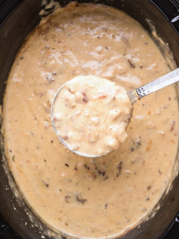 clam chowder in the slow cooker on a spoon.