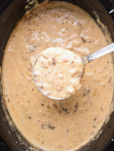 scoop of chowder coming from slow cooker in a metal spoon