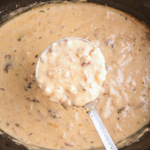 scoop of chowder coming from slow cooker
