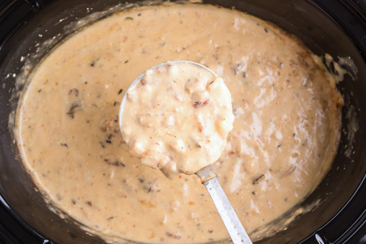 scoop of chowder coming from slow cooker