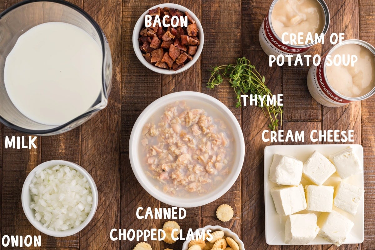 ingredients for clam chowder on table, with text overlay