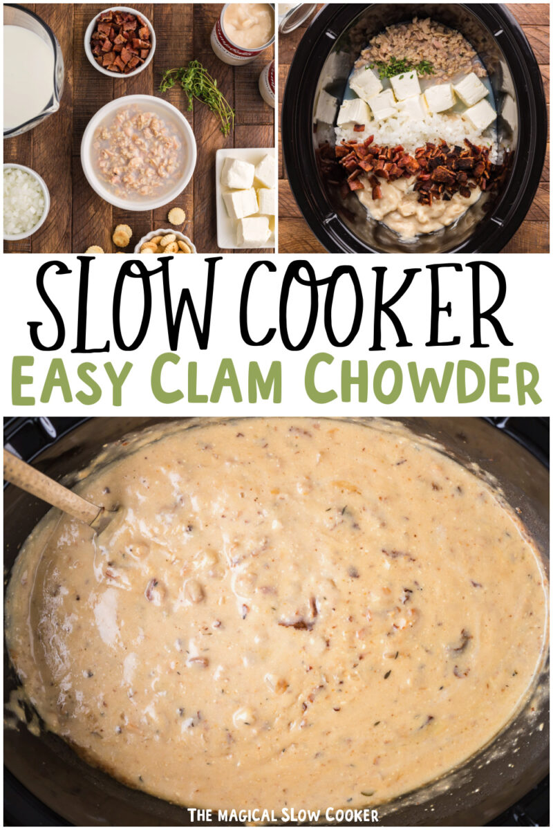 collage of clam chowder images with text overlay for pinterest