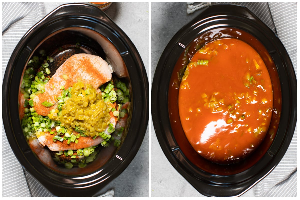 2 pictures. One of chicken with seasonings on top and the other with enchilada sauce on top of that