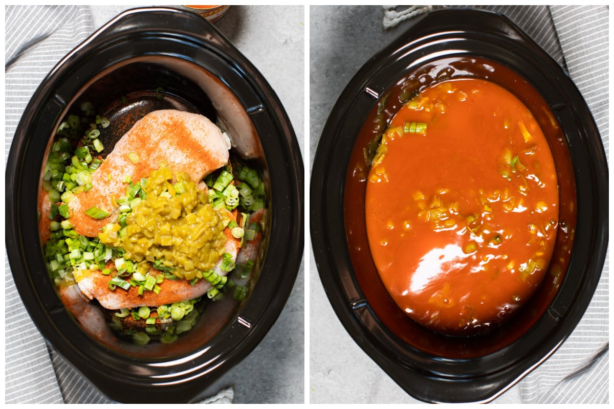 2 images. One of chicken with seasonings on top and the other with enchilada sauce on top of that