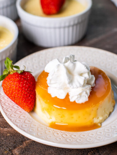 up close image of flan with caramel on top