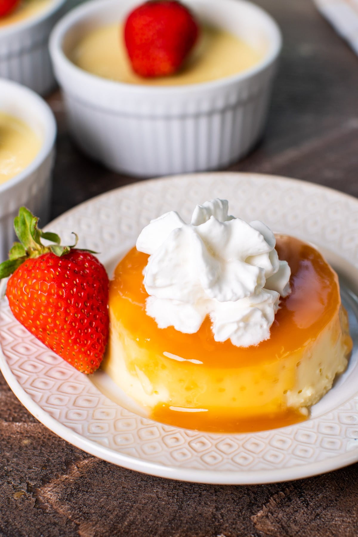 up close image of flan with caramel on top