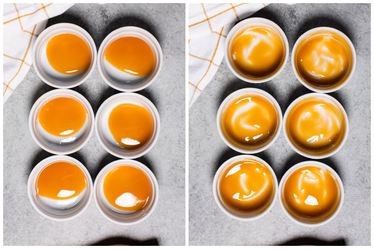 2 image collage of how to put caramel in ramekins