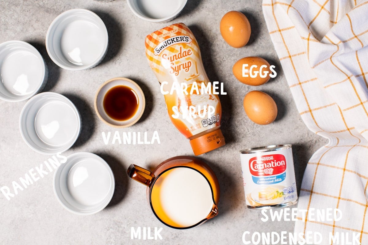 ingredients for flan on table with text overlays