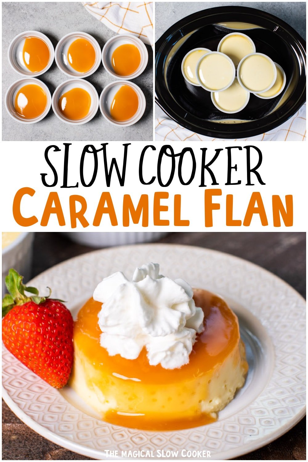 collage of caramel flan images with text overlay for pinterest