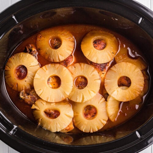 cooked pineapple bbq chicken in a slow cooker