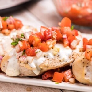 close up of bruschetta chicken plated.
