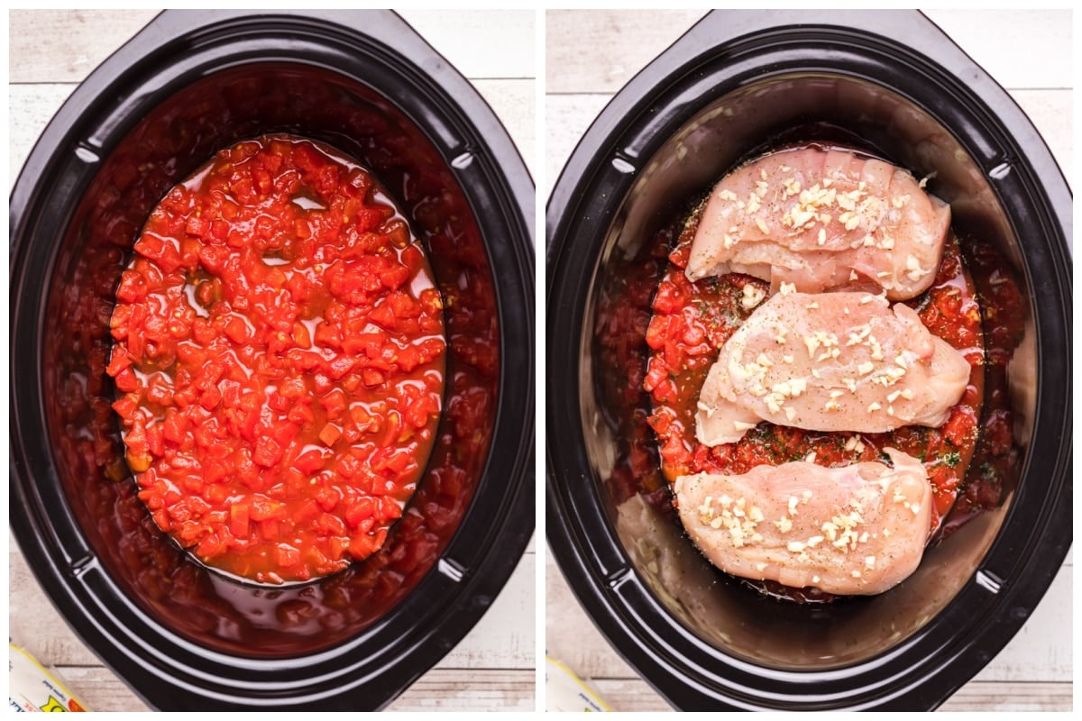2 images, one of tomatoes in slow cooker and the other with chicken and herbs on top