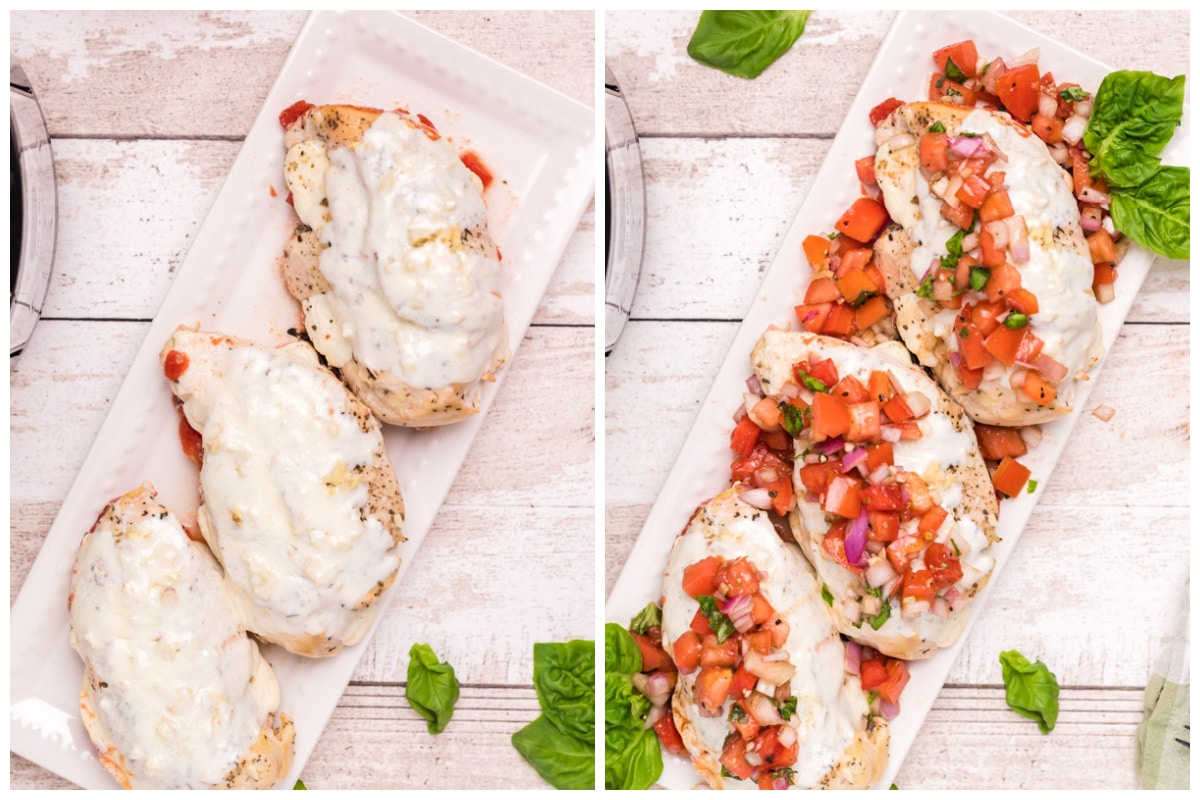 2 images. Melted cheese on chicken and the other with bruschetta mixture on top