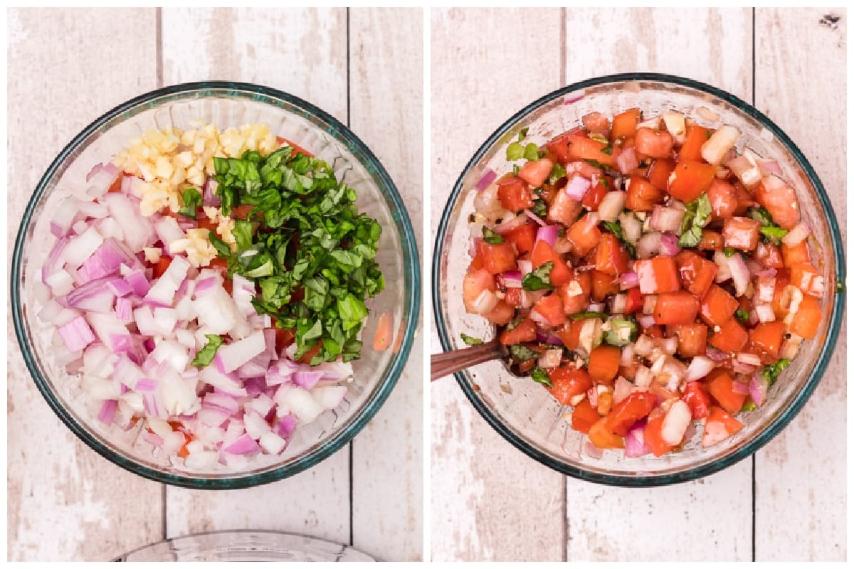 2 images collage of how to make bruschetta topping