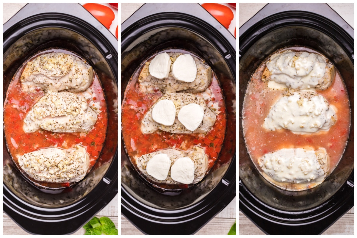 3 image collage of how to top bruschetta chicken with cheese