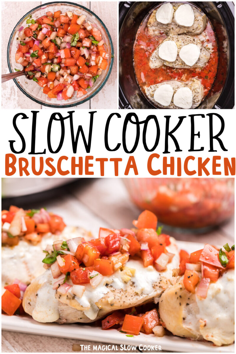 collage of bruschetta chicken images with text overlay for pinterest