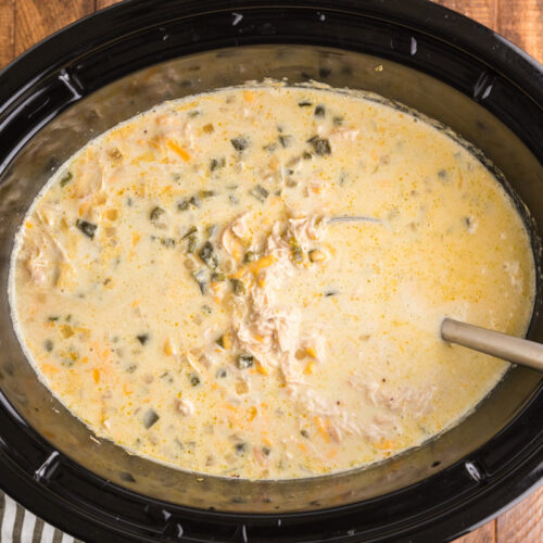 spoon in slow cooker with chile relleno soup