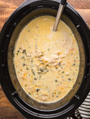 slow cooker with chicken chile relleno soup in it