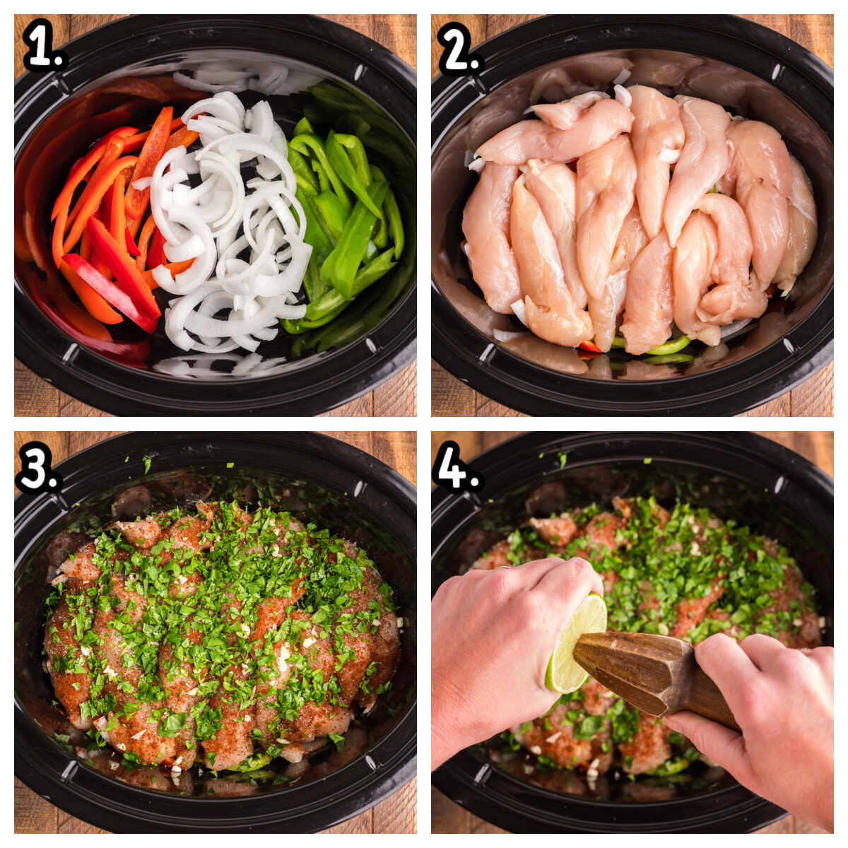 4 image collage on how to put ingredients in slow cooker for chicken fajitas