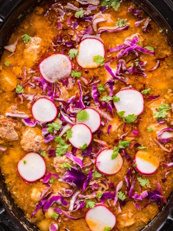 Close up of pork Pozole in slow cooker.