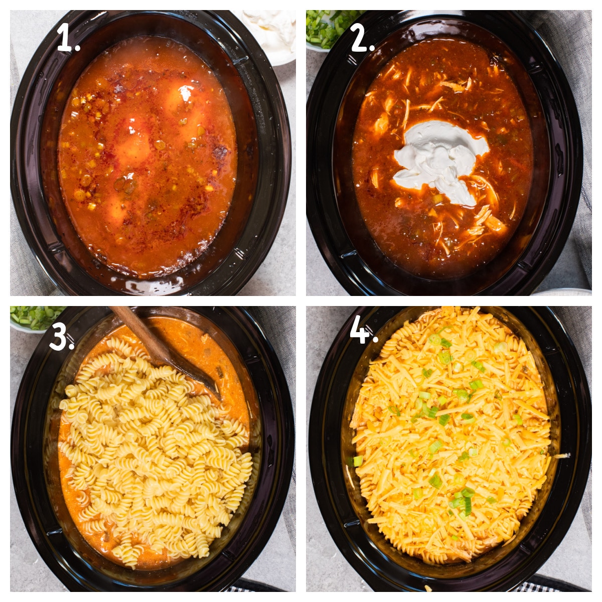 collage of how to make enchilada pasta in slow cooker