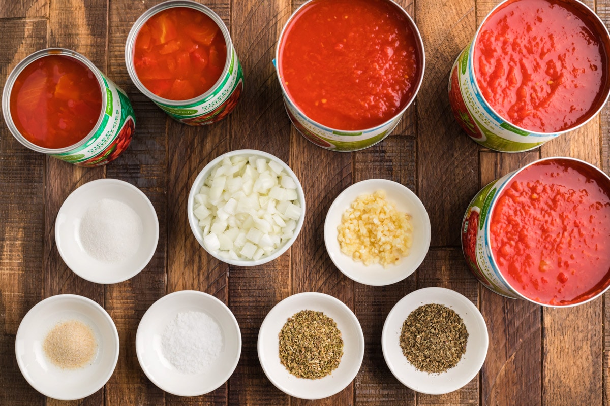 ingredients for marinara sauce on table