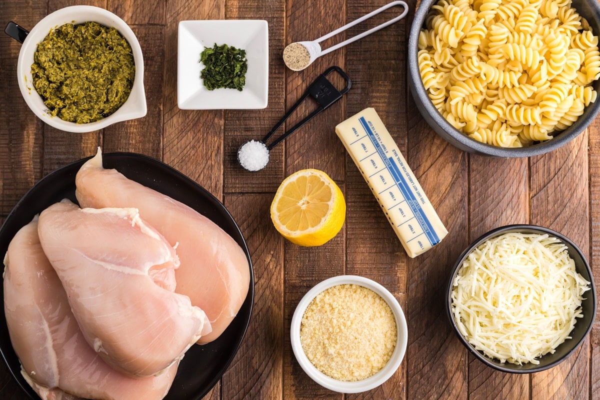 ingredients for pesto pasta on table