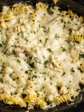 pesto pasta with cheese and parsley on top.