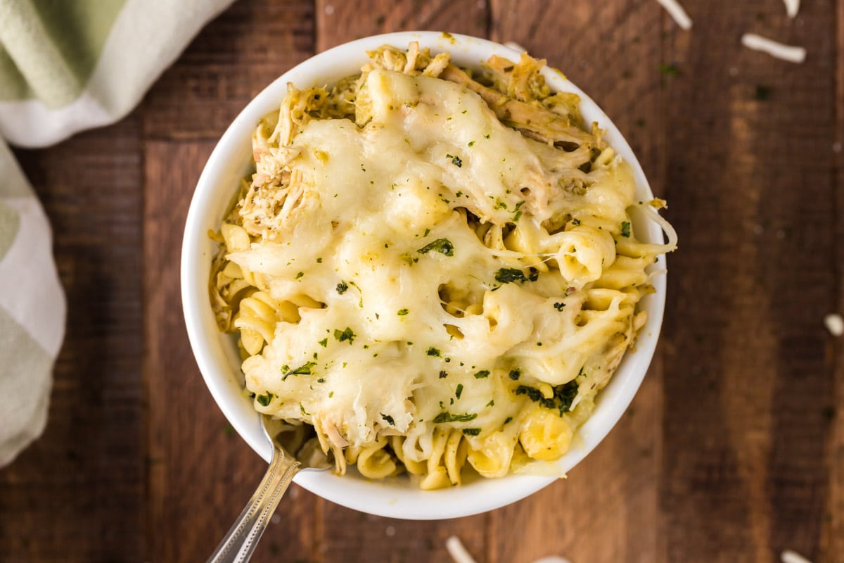 overhead shot of pasta in bowl