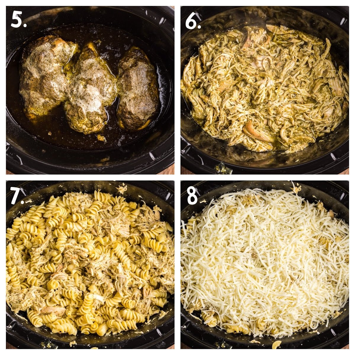 collage about how to shred chicken, add pasta and cheese to dish