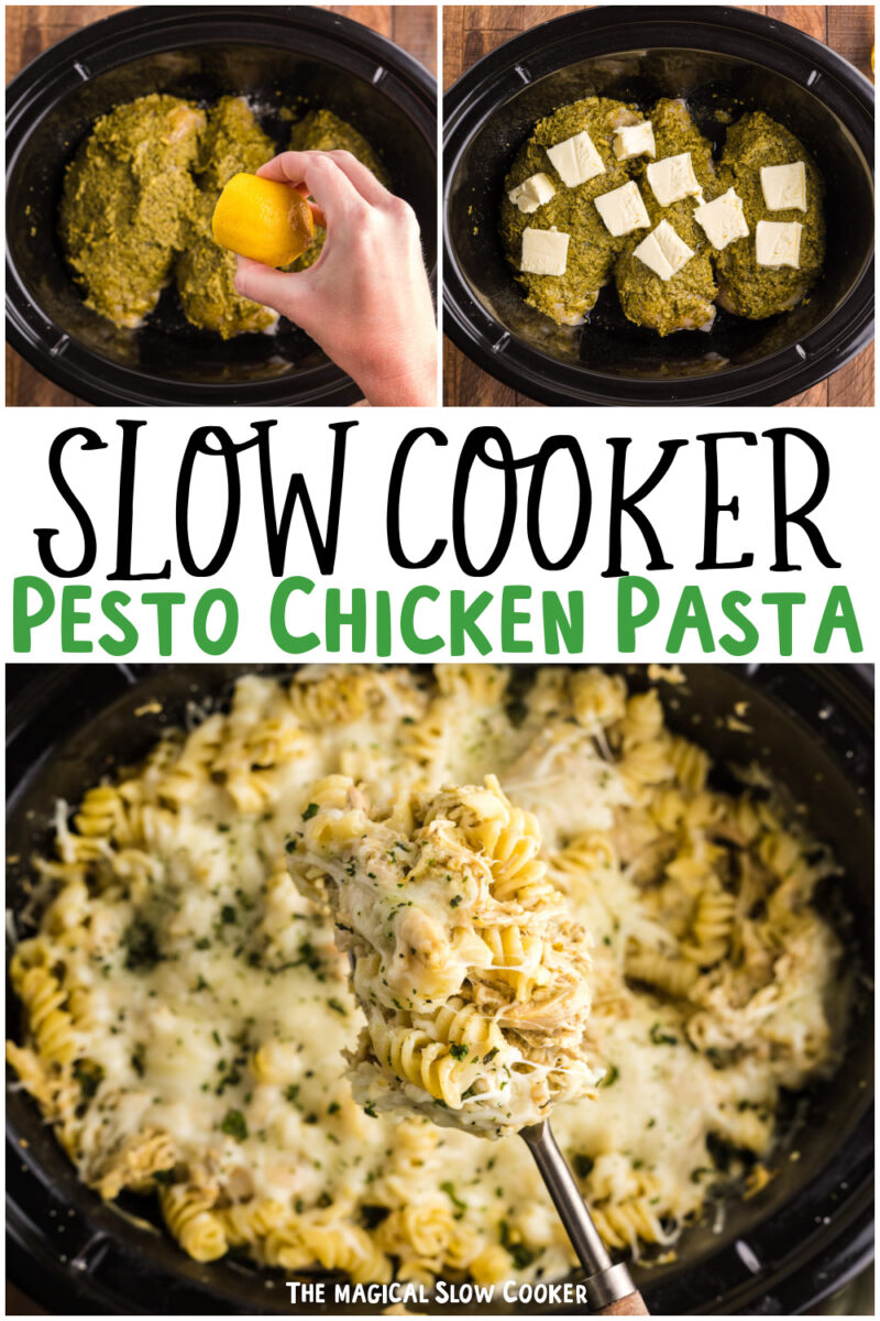 collage of pesto mozzarella pasta images with text overlay for pinterest