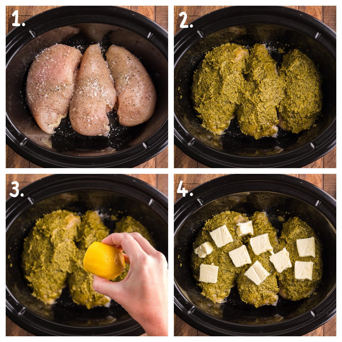 4 image collage on how to put the ingredients for pesto pasta in slow cooker