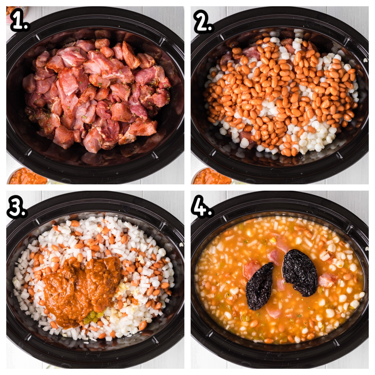 4 image collage on how to add ingredients for pork pozole into slow cooker