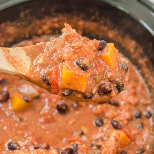 turkey butternut squash chili on wooden spoon