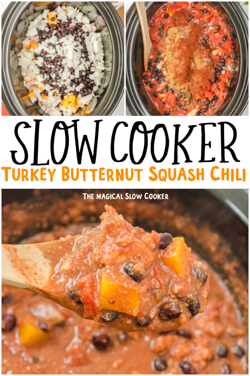 collage of turkey butternut squash chili images with text overlay for pinterest