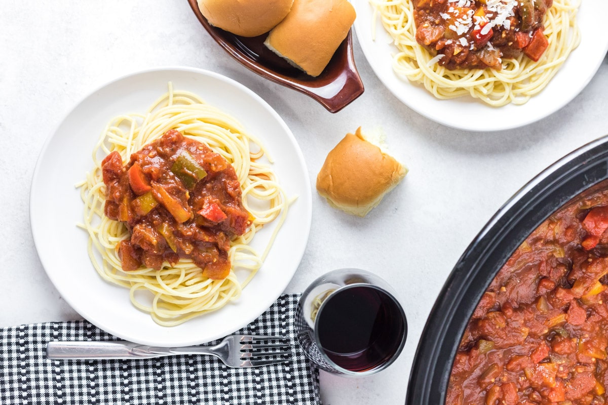 overhead shot of vegetarian sauce on spaghetti noodles