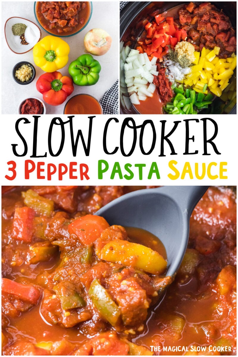 collage of three pepper pasta sauce with text overlay for pinterest