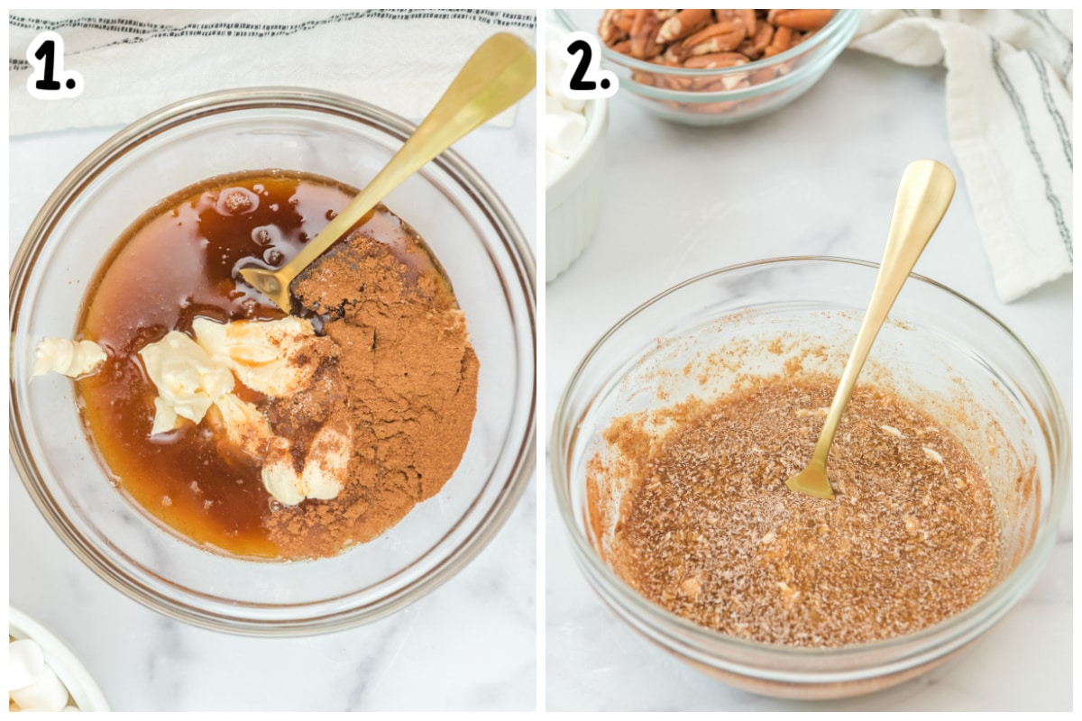 2 images of butter, syrup and seasonings